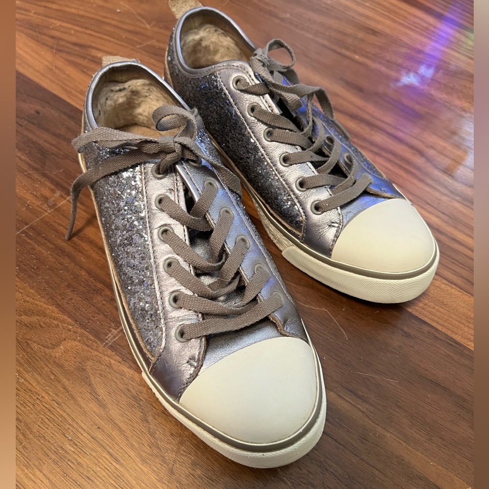 UGG silver leather, white, and silver sequin tennis shoes size 8
